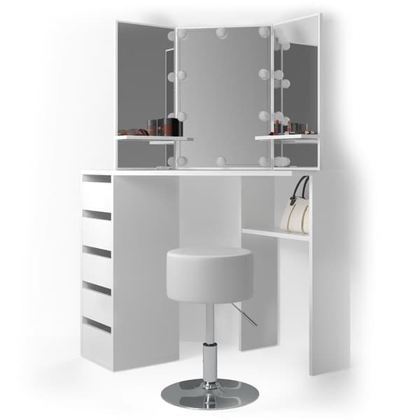 Vicco Arielle sminkbord, Vit, 110 cm med LED-belysning och pall
