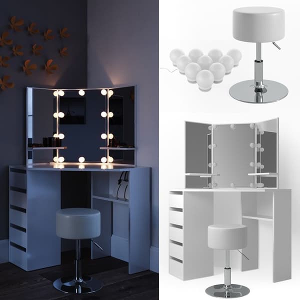 Vicco Arielle sminkbord, Vit, 110 cm med LED-belysning och pall