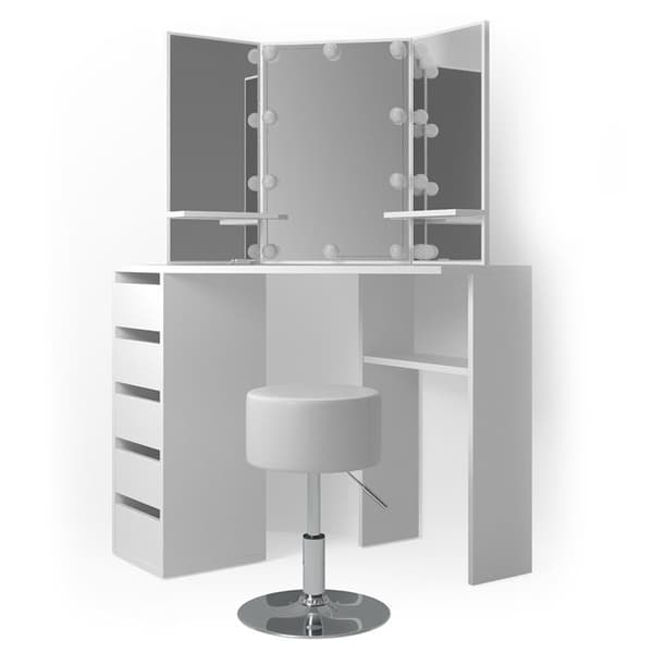 Vicco Arielle sminkbord, Vit, 110 cm med LED-belysning och pall