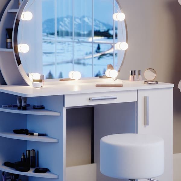 Vicco Almina sminkbord, Vit, 100 cm med LED-belysning och pall