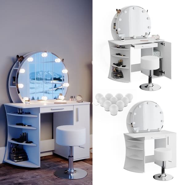 Vicco Almina sminkbord, Vit, 100 cm med LED-belysning och pall
