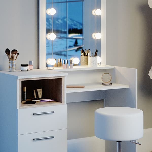Vicco Beatrice sminkbord, Vit, 100 cm med LED-belysning och pall