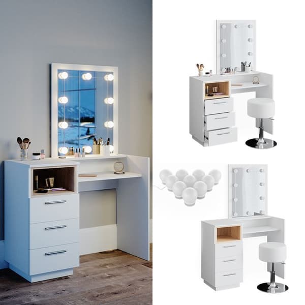Vicco Beatrice sminkbord, Vit, 100 cm med LED-belysning och pall
