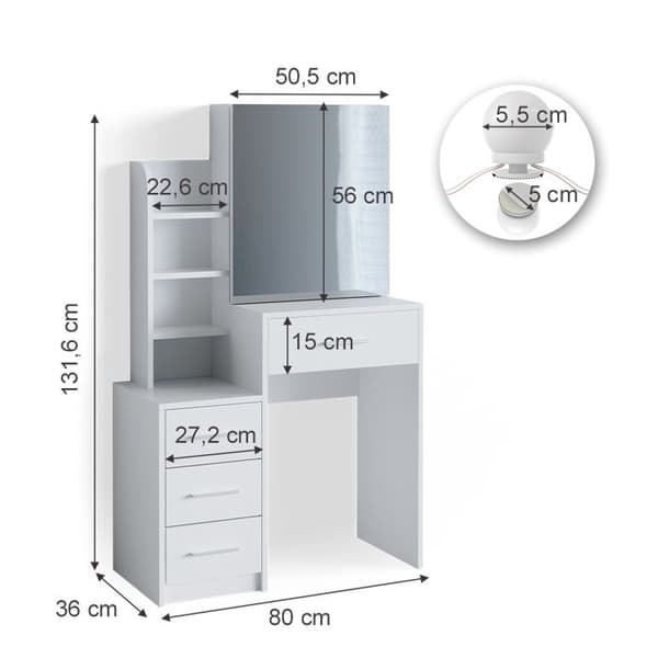 Vicco Conrada sminkbord, Vit, 80 cm med LED-belysning