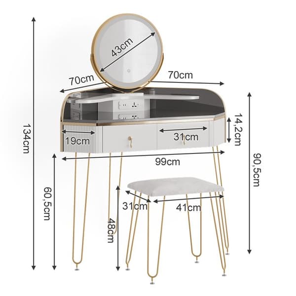 Amira sminkbord, 99 cm med LED-spegel, pall och USB, Högblank vit, Vicco