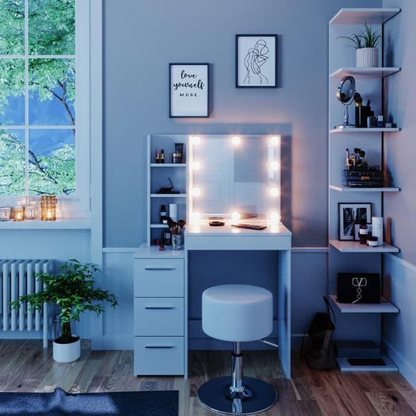 Vicco Meryl sminkbord, Vit, 80 cm med LED-belysning och pall
