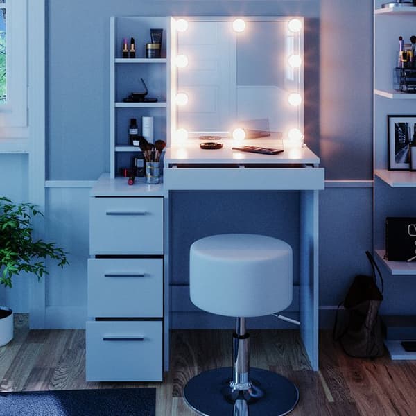 Vicco Meryl sminkbord, Vit, 80 cm med LED-belysning och pall
