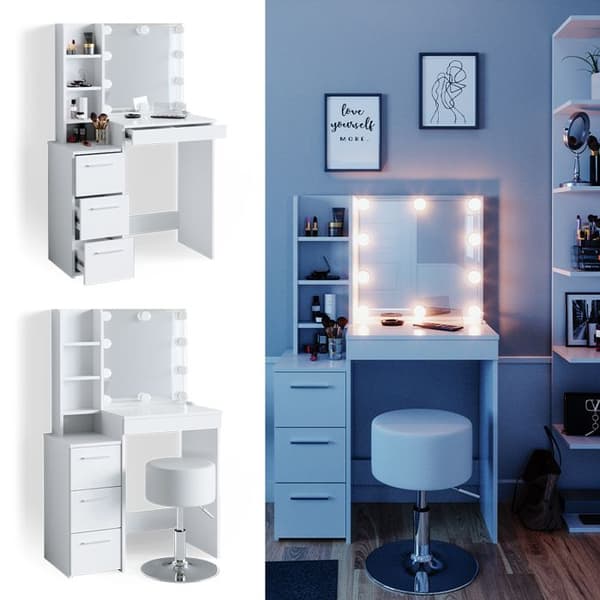 Vicco Meryl sminkbord, Vit, 80 cm med LED-belysning och pall