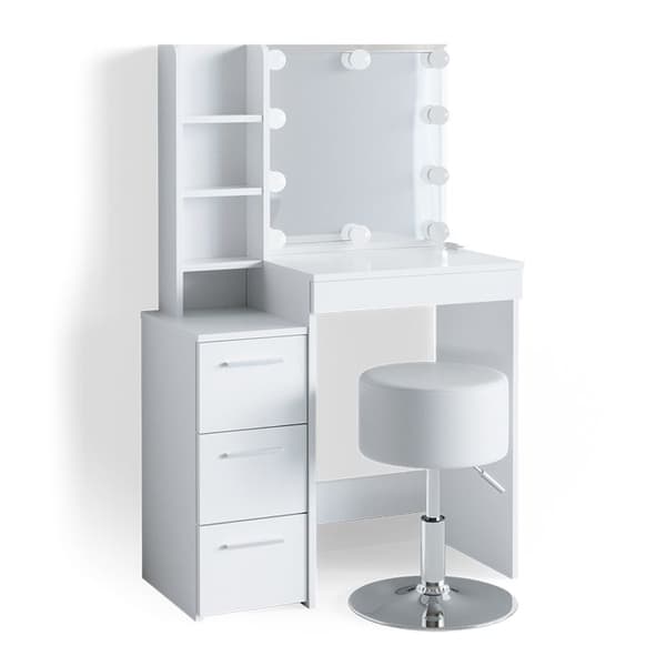 Vicco Meryl sminkbord, Vit, 80 cm med LED-belysning och pall