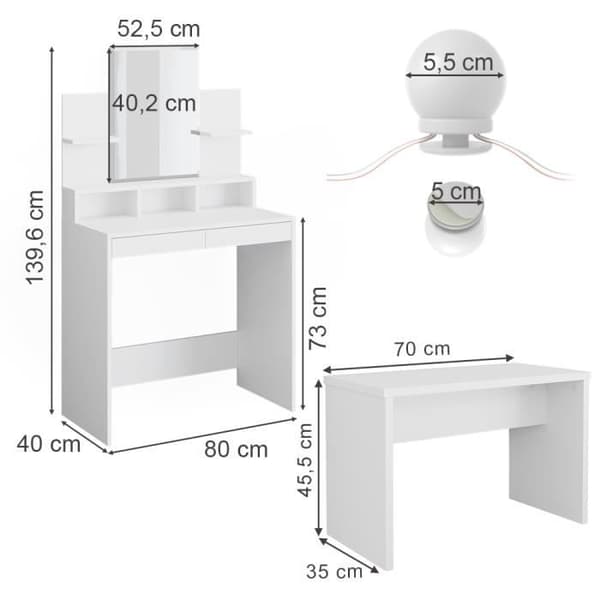 VICCO Ania sminkbord vit + bänk + LED