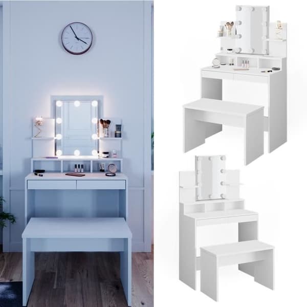 VICCO Ania sminkbord vit + bänk + LED