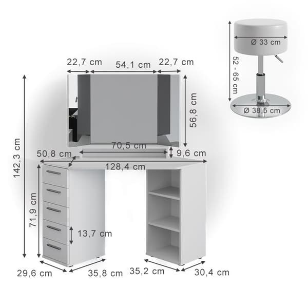 Vicco Sofia sminkbord, Vit, 128 cm med pall