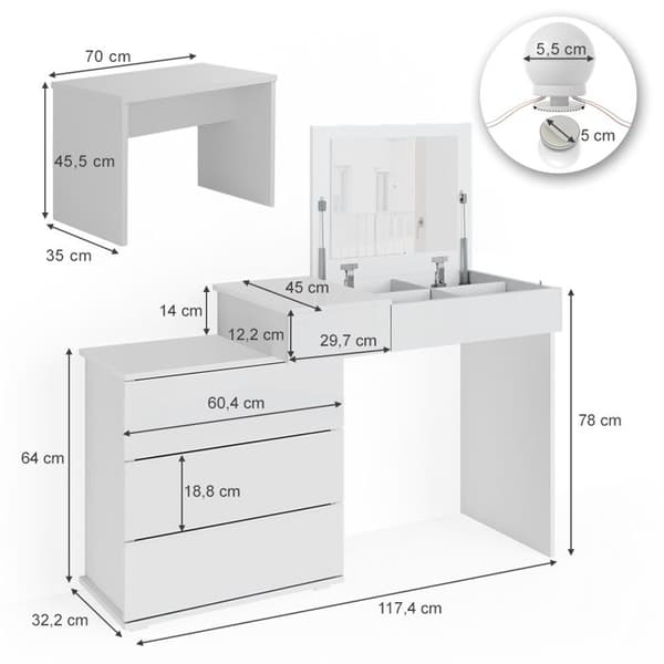 Vicco Lotos sminkbord, Vit, 117 cm med LED-belysning och bänk