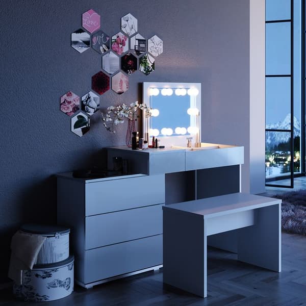 Vicco Lotos sminkbord, Vit, 117 cm med LED-belysning och bänk