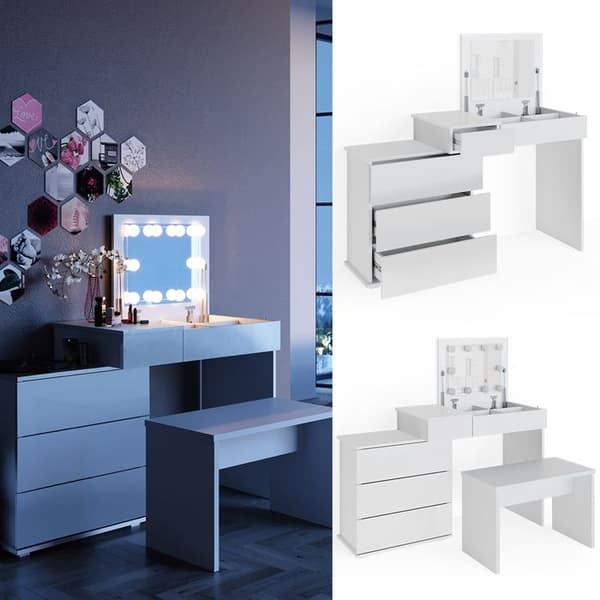 Vicco Lotos sminkbord, Vit, 117 cm med LED-belysning och bänk