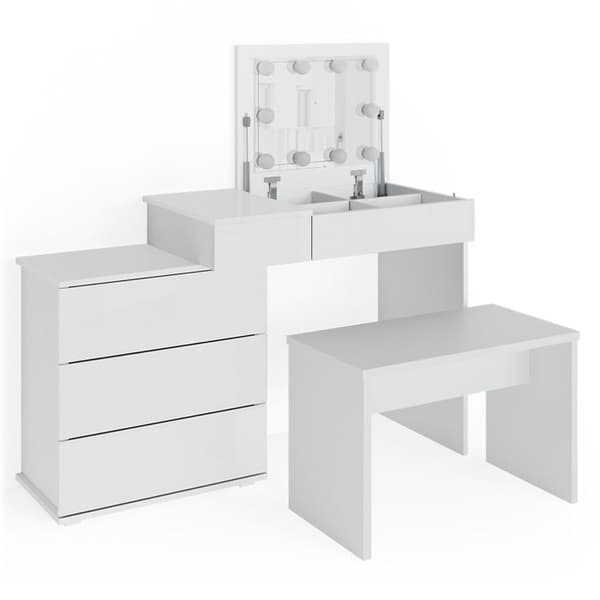 Vicco Lotos sminkbord, Vit, 117 cm med LED-belysning och bänk