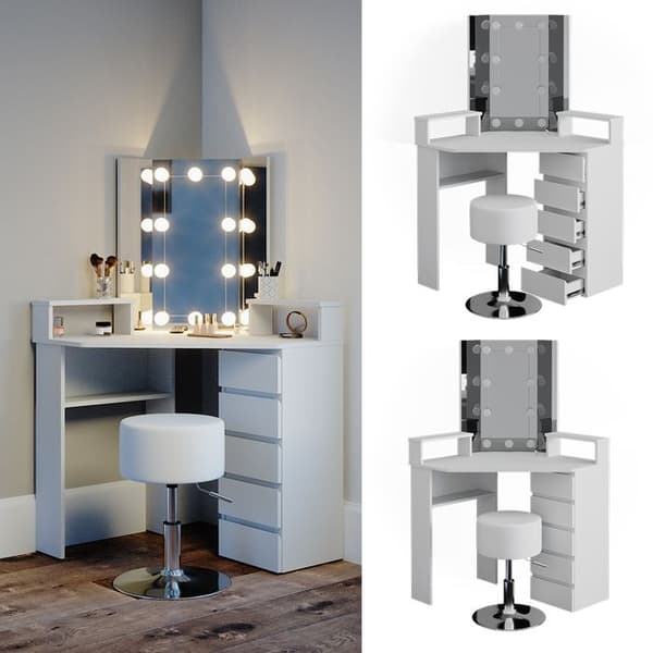 Vicco Tilda sminkbord, Vit, 113,3 cm med LED-belysning och pall