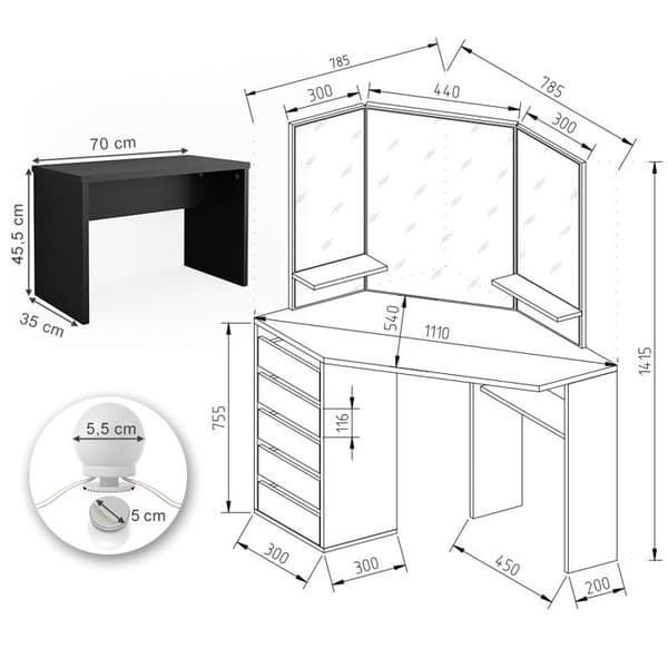 Vicco Arielle sminkbord, Svart, 110 cm med LED-belysning och bänk