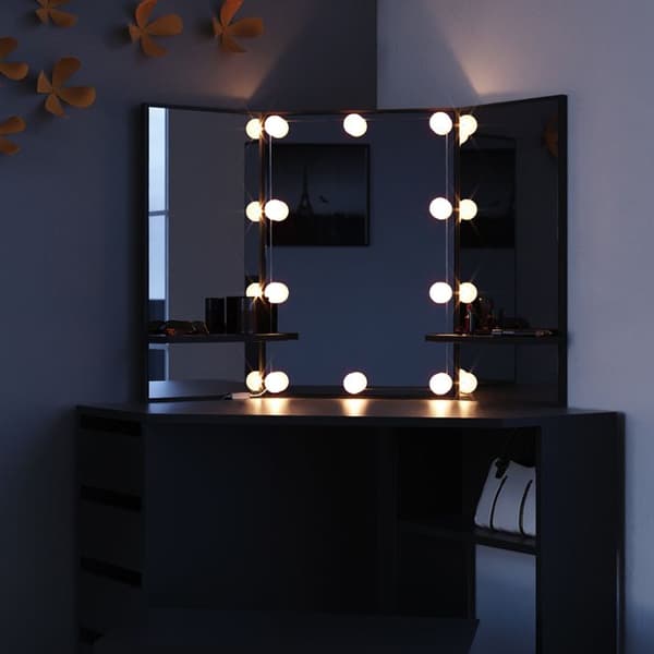 Vicco Arielle sminkbord, Svart, 110 cm med LED-belysning och bänk