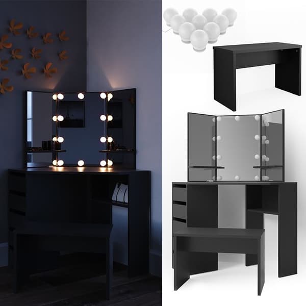 Vicco Arielle sminkbord, Svart, 110 cm med LED-belysning och bänk