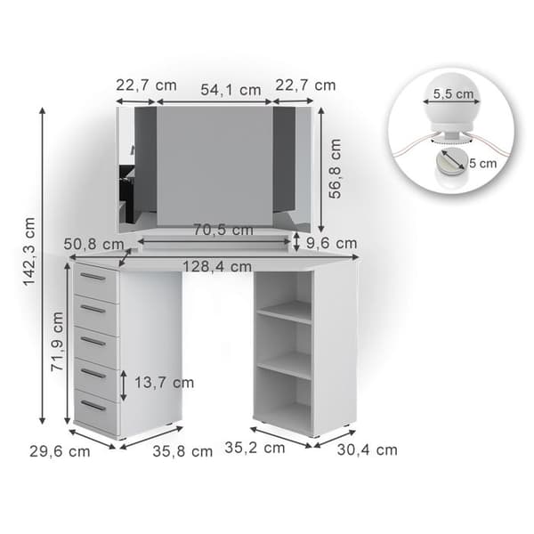 Vicco Sofia sminkbord, Vit, 128 cm med LED-belysning