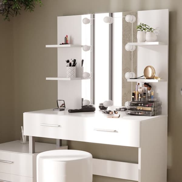 Vicco Maria sminkbord, Vit, 132 cm med LED-belysning och pall