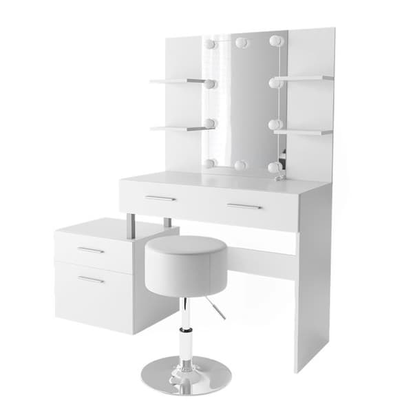 Vicco Maria sminkbord, Vit, 132 cm med LED-belysning och pall
