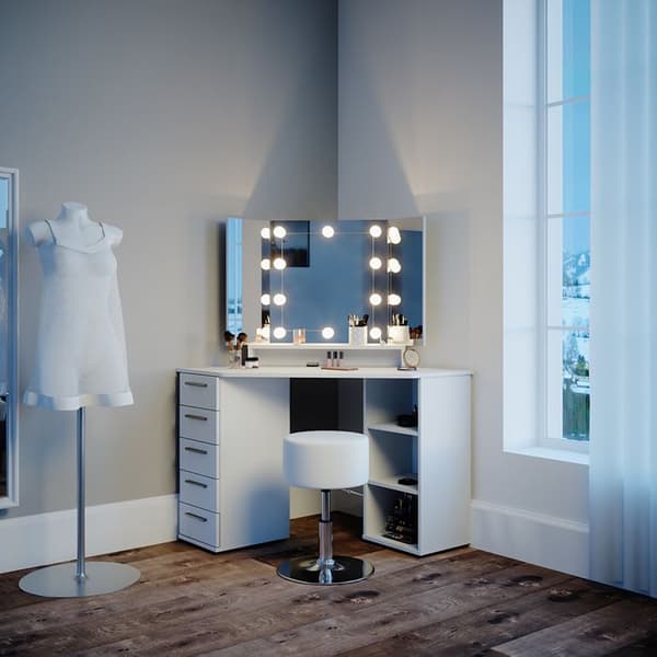 Vicco Sofia sminkbord, Vit, 128 cm med LED-belysning och pall