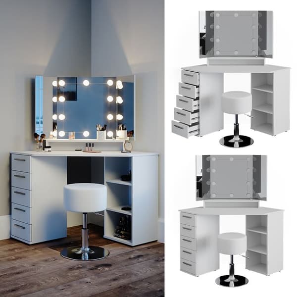 Vicco Sofia sminkbord, Vit, 128 cm med LED-belysning och pall