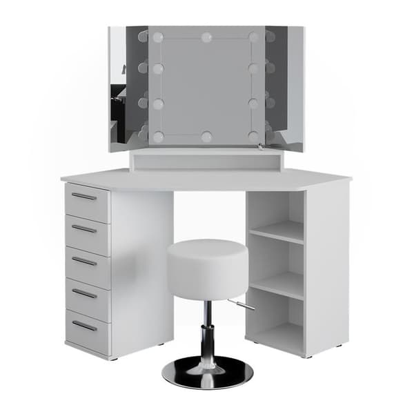 Vicco Sofia sminkbord, Vit, 128 cm med LED-belysning och pall