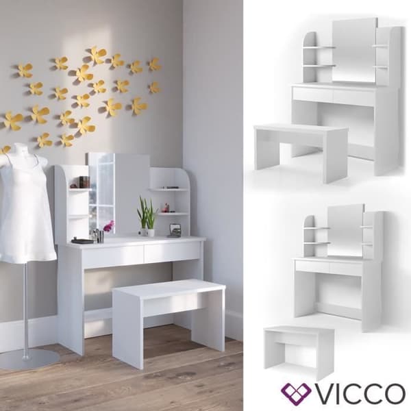 Vicco Charlotte vitt sminkbord med bänk