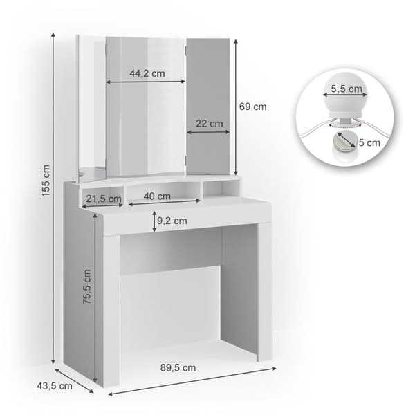 Vicco Nora sminkbord, Vit, 90 cm med LED-belysning