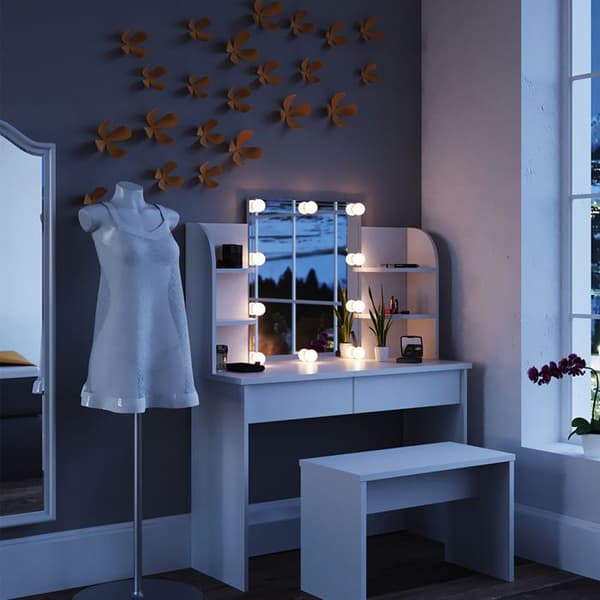 Vicco Charlotte sminkbord, Vit, 108 cm med LED-belysning och bänk