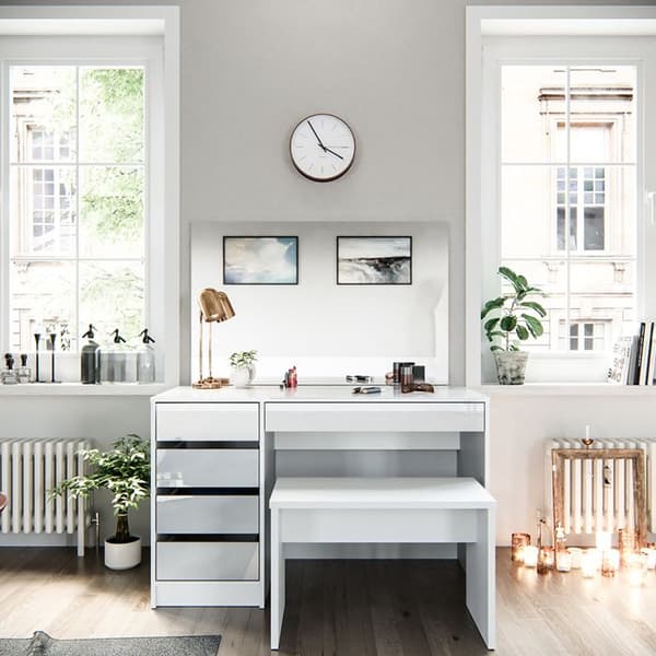 Vicco Sherry sminkbord, Vit Högblank, 120 cm med bänk