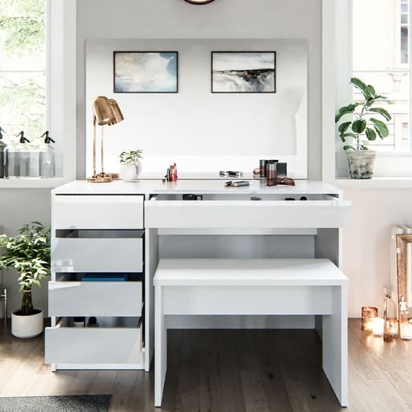 Vicco Sherry sminkbord, Vit Högblank, 120 cm med bänk