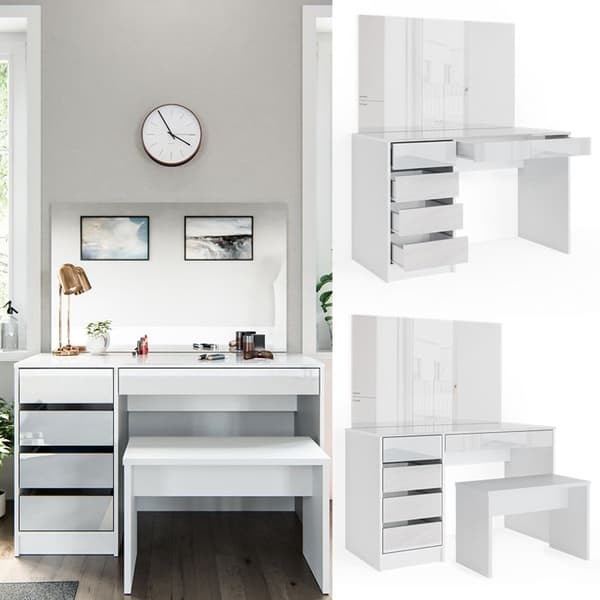 Vicco Sherry sminkbord, Vit Högblank, 120 cm med bänk