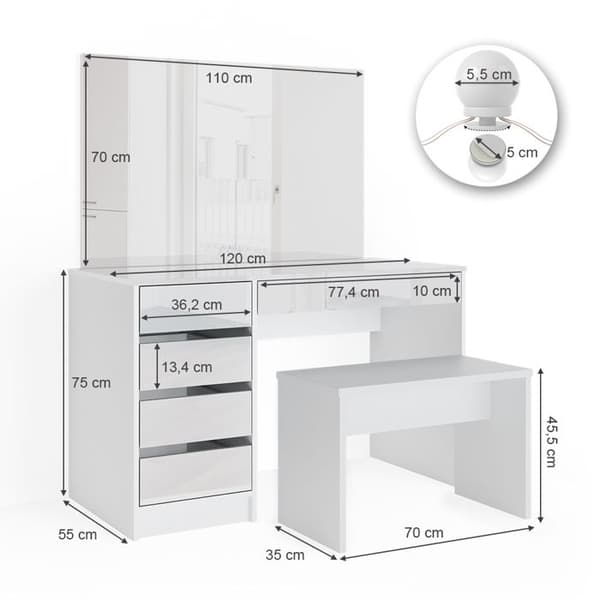 Vicco Sherry sminkbord, Högblank vit, 120 cm med LED-belysning och bänk