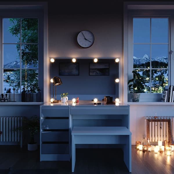 Vicco Sherry sminkbord, Högblank vit, 120 cm med LED-belysning och bänk