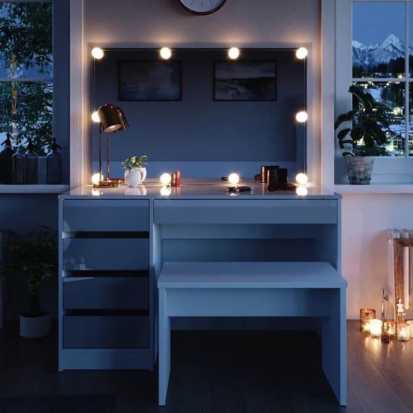 Vicco Sherry sminkbord, Högblank vit, 120 cm med LED-belysning och bänk