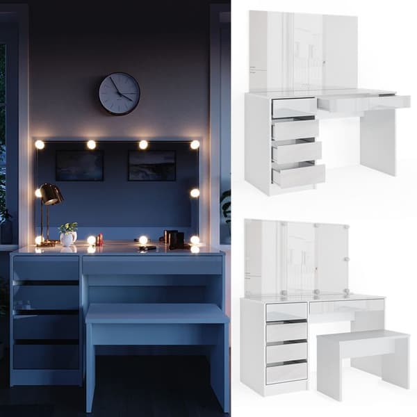 Vicco Sherry sminkbord, Högblank vit, 120 cm med LED-belysning och bänk