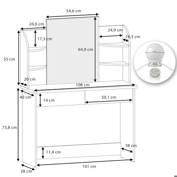 Vicco Charlotte sminkbord, Vit, 108 cm med LED-belysning