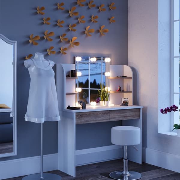 Vicco Charlotte sminkbord, Vit/Sonoma, 108 cm med LED-belysning och pall