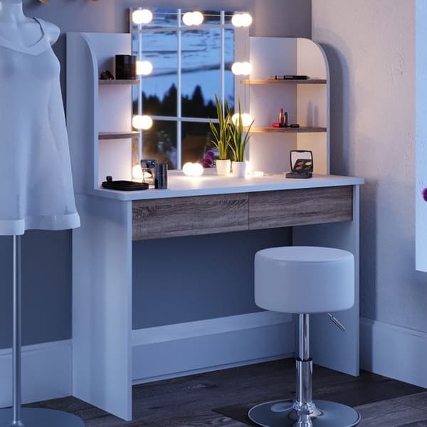Vicco Charlotte sminkbord, Vit/Sonoma, 108 cm med LED-belysning och pall
