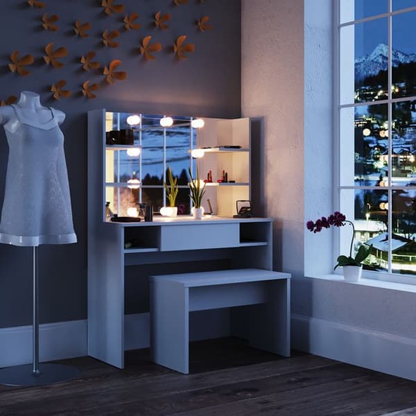 Vicco Daenerys sminkbord, Vit, 100 cm med LED-belysning och bänk