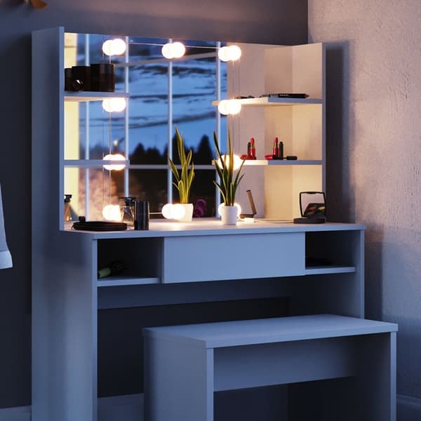 Vicco Daenerys sminkbord, Vit, 100 cm med LED-belysning och bänk