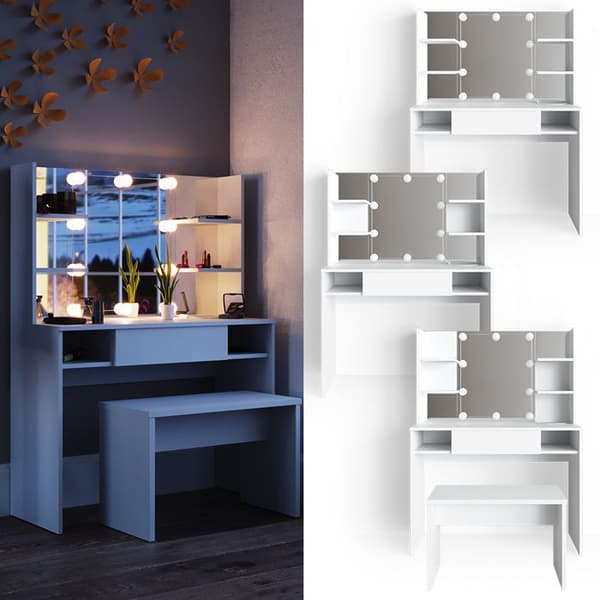 Vicco Daenerys sminkbord, Vit, 100 cm med LED-belysning och bänk