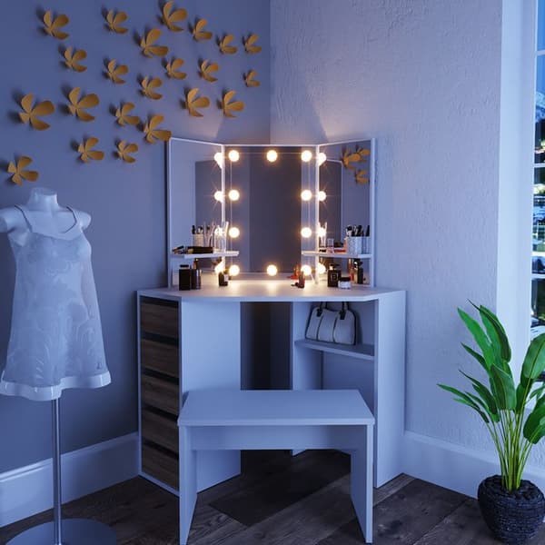 Vicco Arielle sminkbord, Vit/Sonoma, 110 cm med LED-belysning och bänk