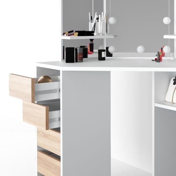 Vicco Arielle sminkbord, Vit/Sonoma, 110 cm med LED-belysning och bänk