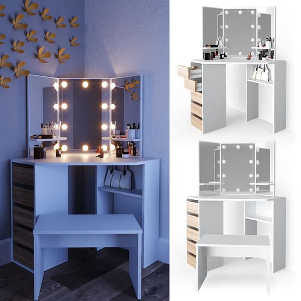 Vicco Arielle sminkbord, Vit/Sonoma, 110 cm med LED-belysning och bänk