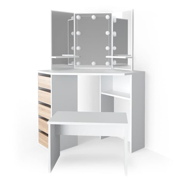 Vicco Arielle sminkbord, Vit/Sonoma, 110 cm med LED-belysning och bänk